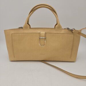 Furla Rectagle Double Handle Two Way Handbag Purse Yellow Tan Zip Close Italian